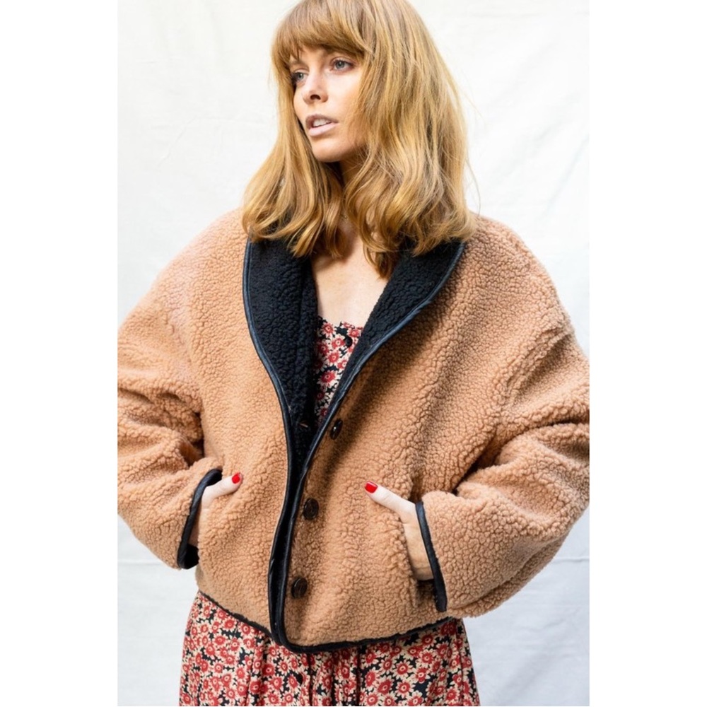 Moon River Teddy Sherpa Fleece Jacket Shawl Collar Faux Leather Trim S